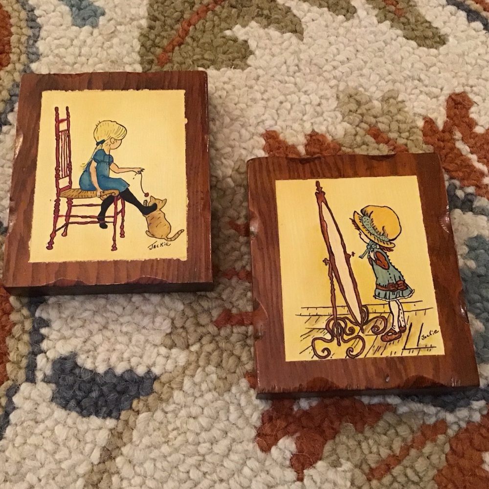 Pair of vintage decoupage plaques